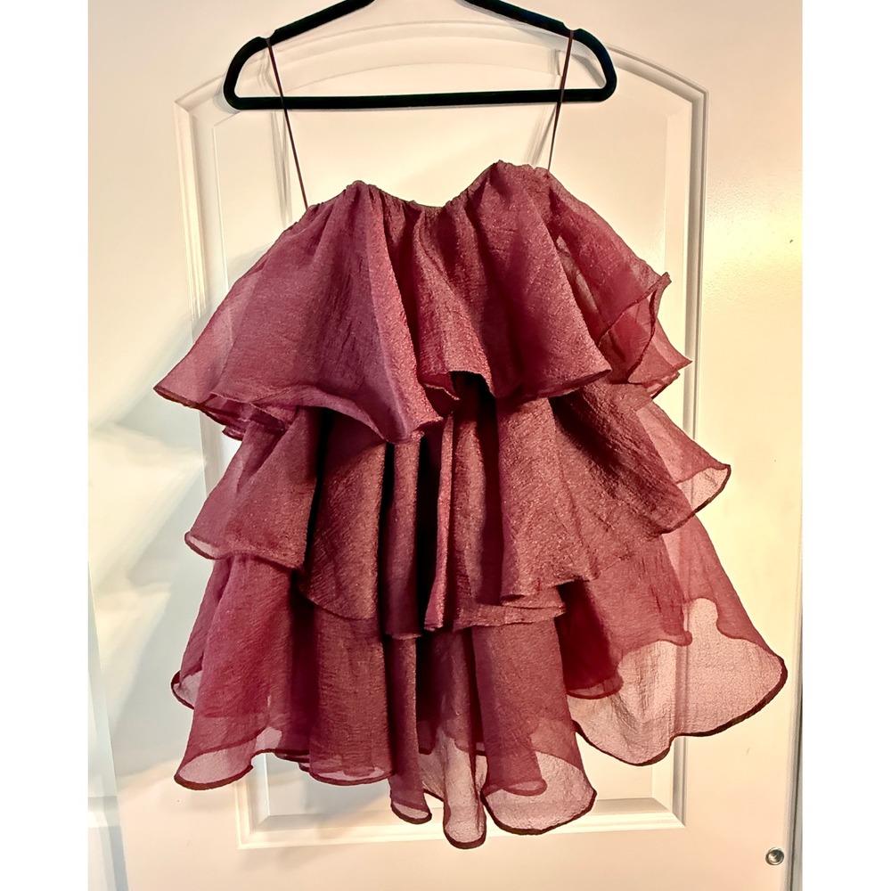 NWT Altar'd State Tiered Mini Dress XS Burgundy Ruffle Shimmer Organza Party